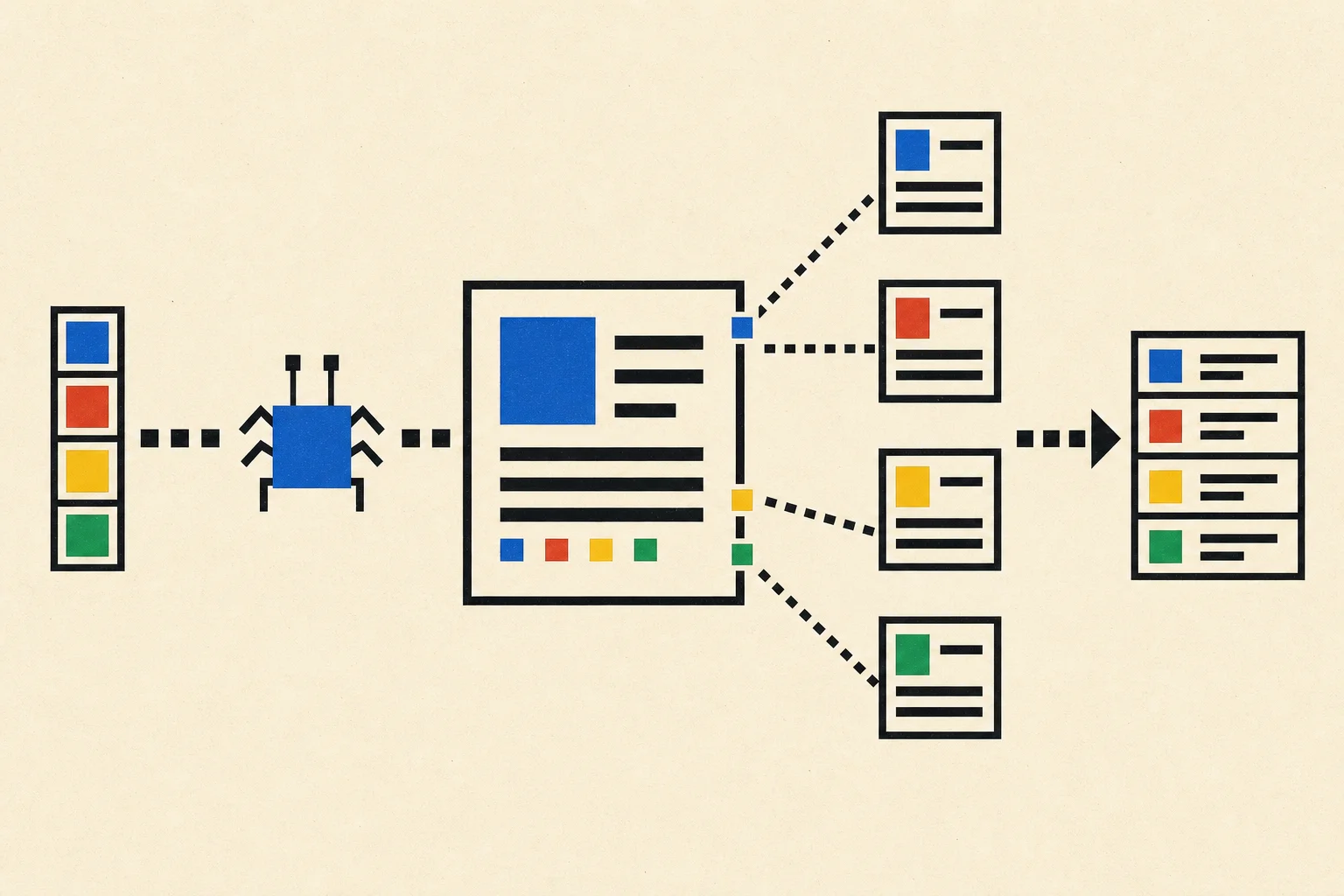 Illustration of a search crawler fetching a webpage, following links to related pages, and adding discovered pages to an index.