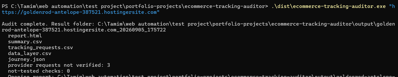 PowerShell showing the completed ecommerce tracking audit and its evidence files