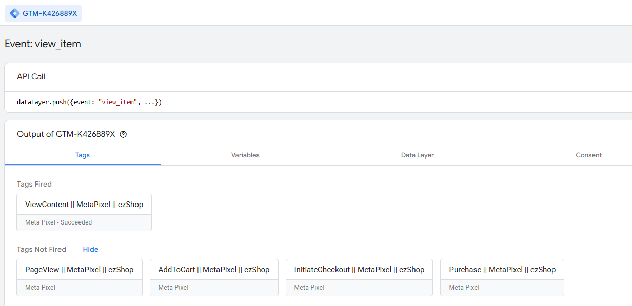 GTM Preview showing the view_item dataLayer event and ViewContent Meta Pixel tag
