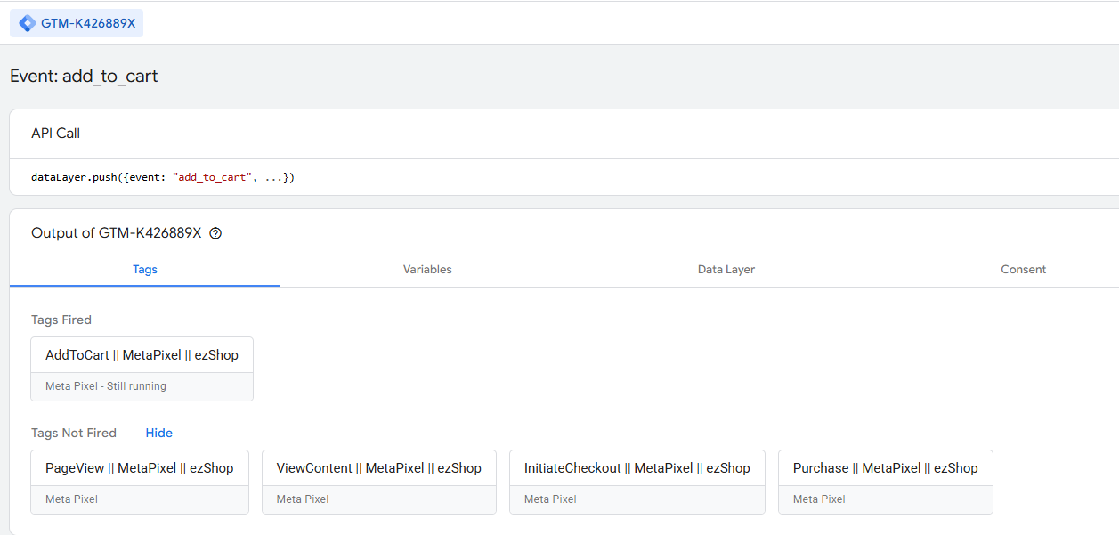 GTM Preview showing the add_to_cart dataLayer event and AddToCart Meta Pixel tag