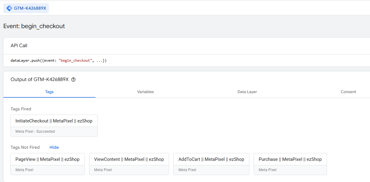 GTM Preview showing the begin_checkout dataLayer event and InitiateCheckout Meta Pixel tag