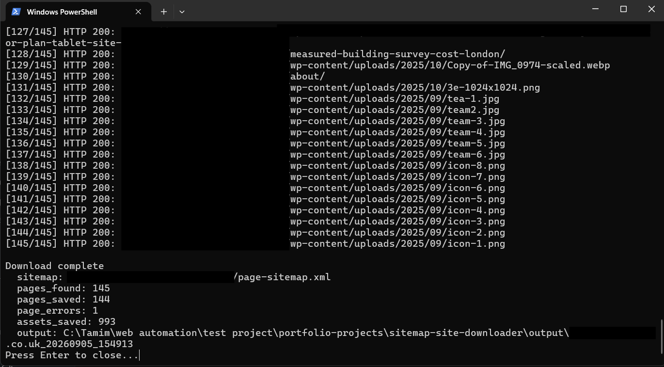 Terminal output from a Sitemap website downloader test run