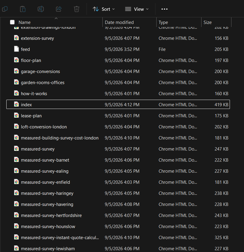 Windows File Explorer showing locally saved HTML pages from the sitemap