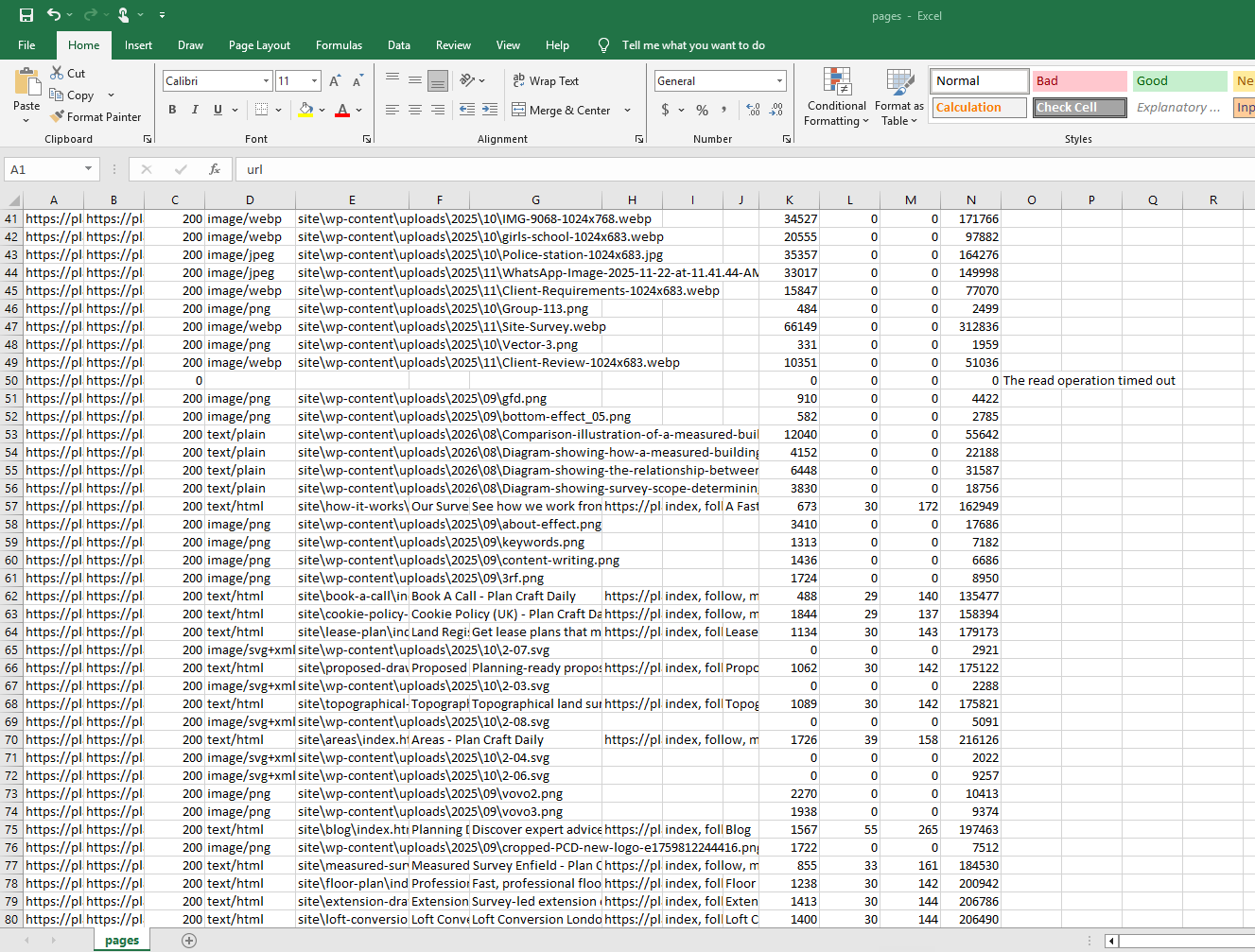 Excel showing the generated pages CSV with page records and a captured timeout error